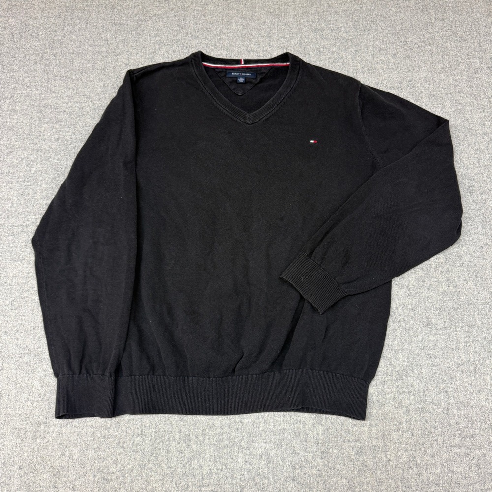 Tommy Hilfiger V-Neck Sweater XXL Black Long Sleeve Embroidered Logo Pullover Kn